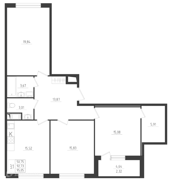 Планировка: 3 комнаты · 95,05 м²