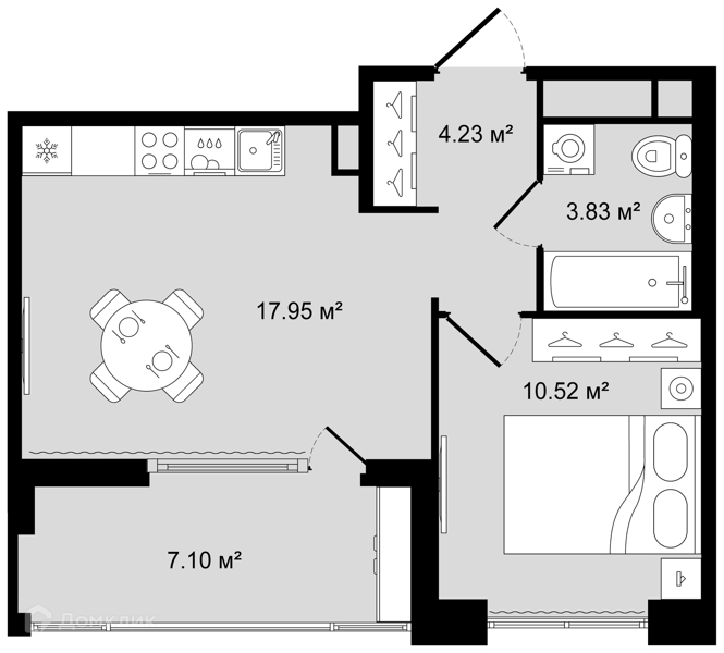 Планировка: 1 комната · 40,08 м²