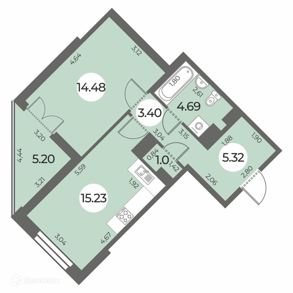 Планировка: 1 комната · 46,72 м²
