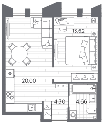Планировка: 1 комната · 42,58 м²