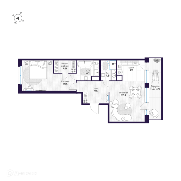 Планировка: 2 комнаты · 75,7 м²