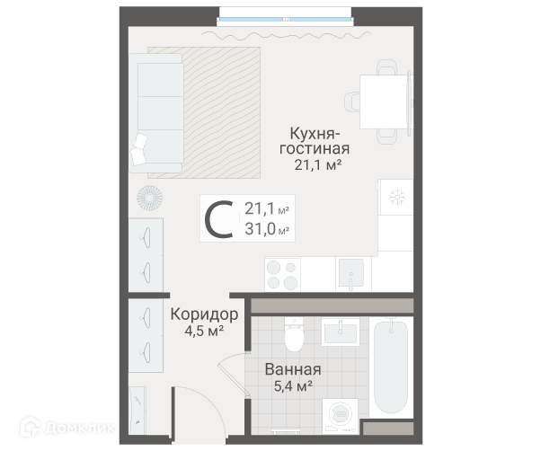Планировка квартиры: Студия · 31 м²
