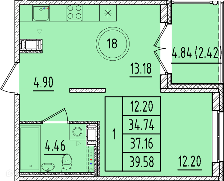 Планировка: 1 комната · 34,74 м²