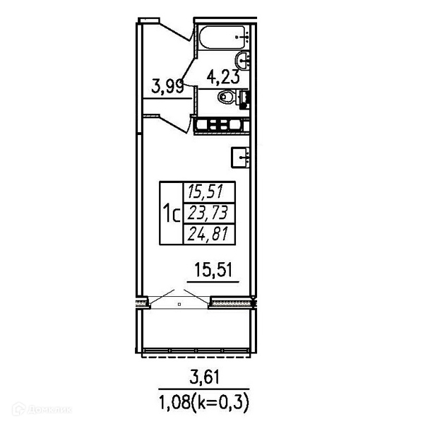 Планировка квартиры: Студия · 24,81 м²