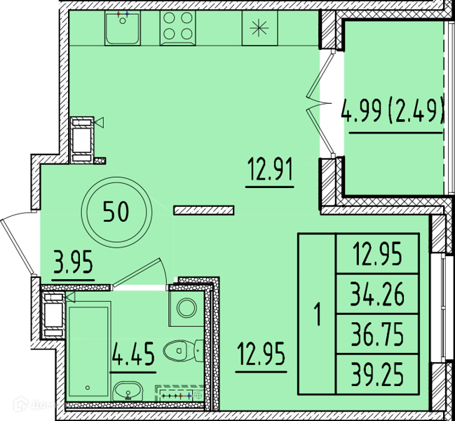 Планировка: 1 комната · 34,26 м²