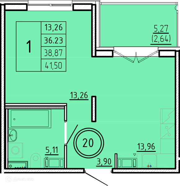 Планировка: 1 комната · 36,23 м²
