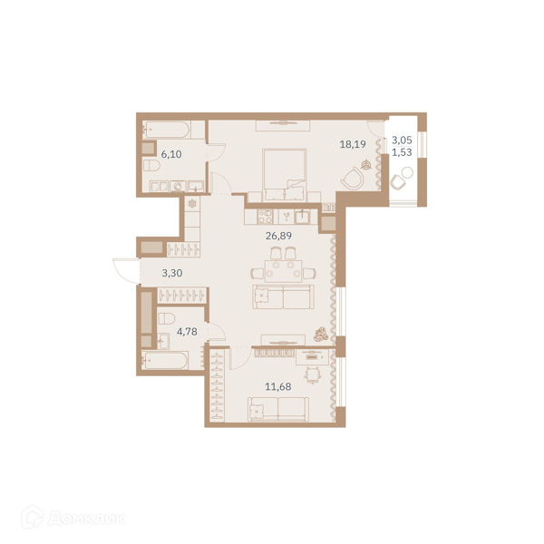 Планировка: 2 комнаты · 73,4 м²