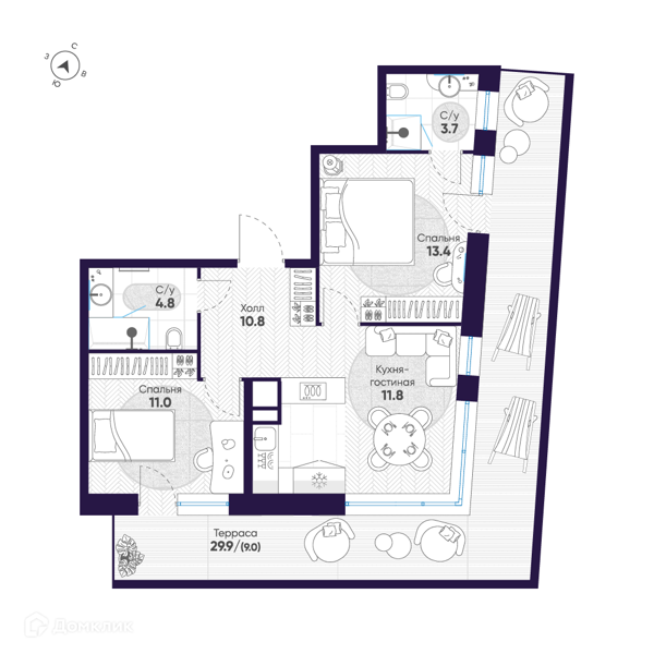 Планировка: 2 комнаты · 64,5 м²