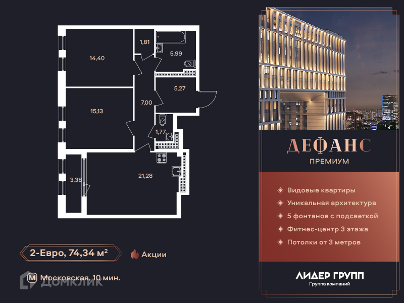 Планировка: 2 комнаты · 74,1 м²