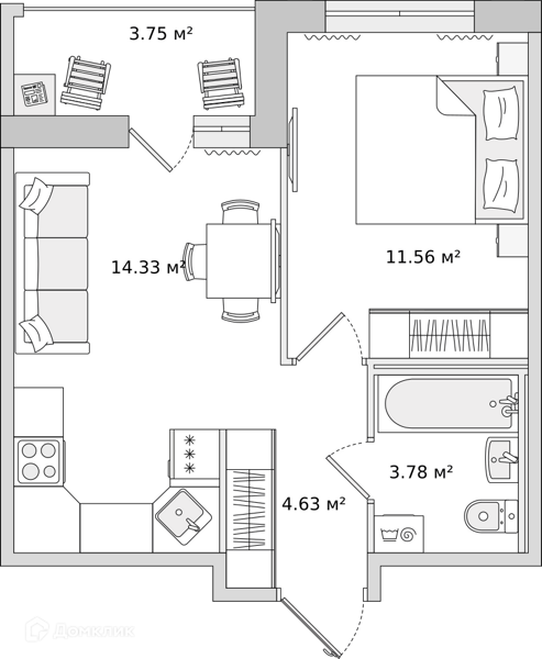 Планировка: 1 комната · 38,66 м²