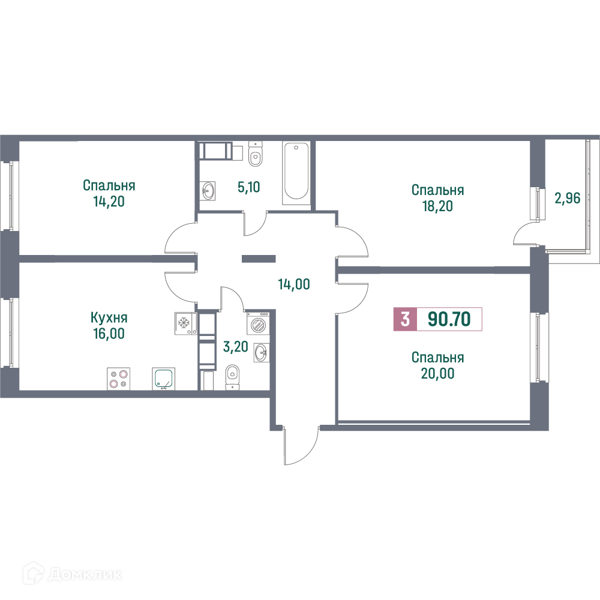 Планировка квартиры: 3 комнаты · 90,7 м²