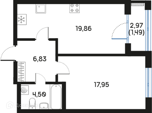 Планировка: 1 комната · 50,68 м²