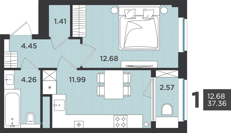 Планировка: 1 комната · 37,36 м²