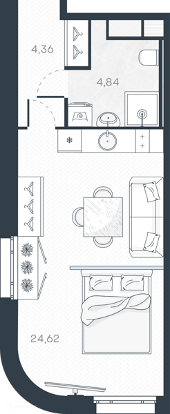 Планировка: Студия · 33,82 м²