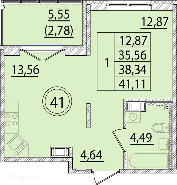 Планировка: 1 комната · 35,56 м²