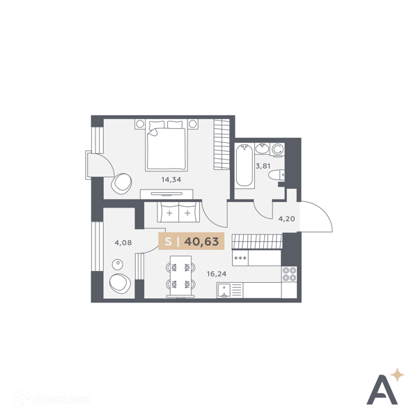 Планировка: 1 комната · 40,63 м²
