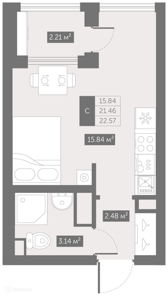 Планировка квартиры: Студия · 22,57 м²