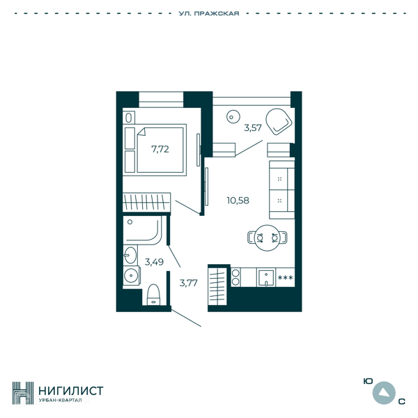 Планировка: 1 комната · 27,35 м²