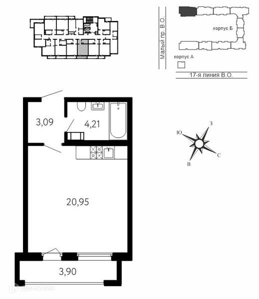 Планировка: 1 комната · 29,42 м²