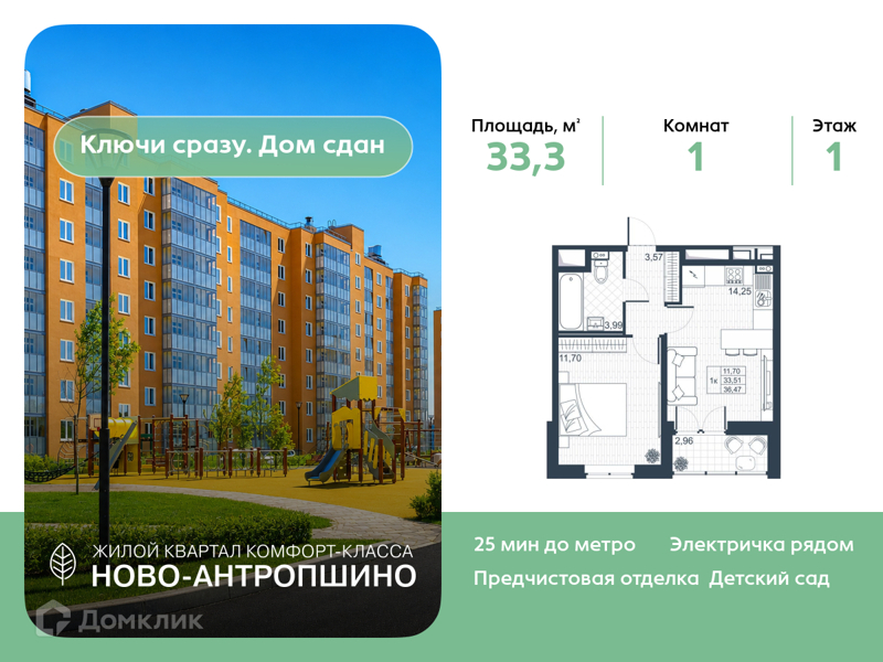 Планировка квартиры: 1 комната · 33,3 м²