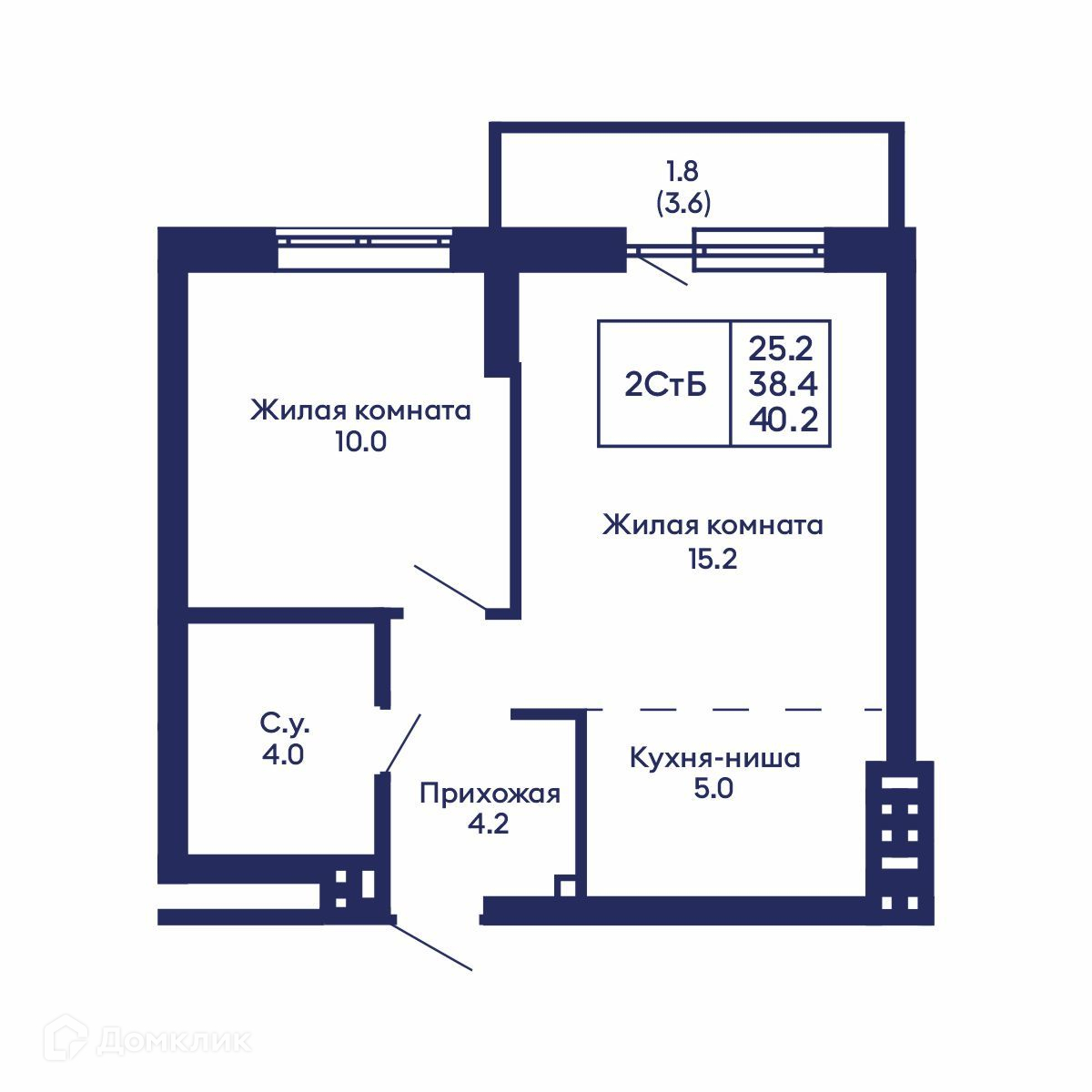 2-комн. квартира, 40.2 м²