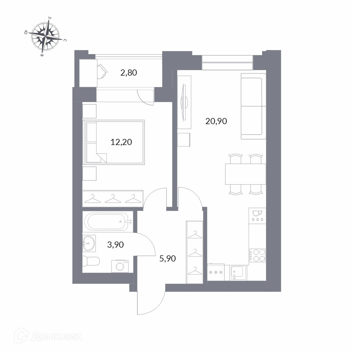 2-комн. квартира, 45.7 м²