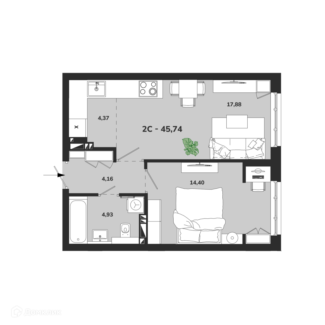2-комн. квартира, 45.72 м²