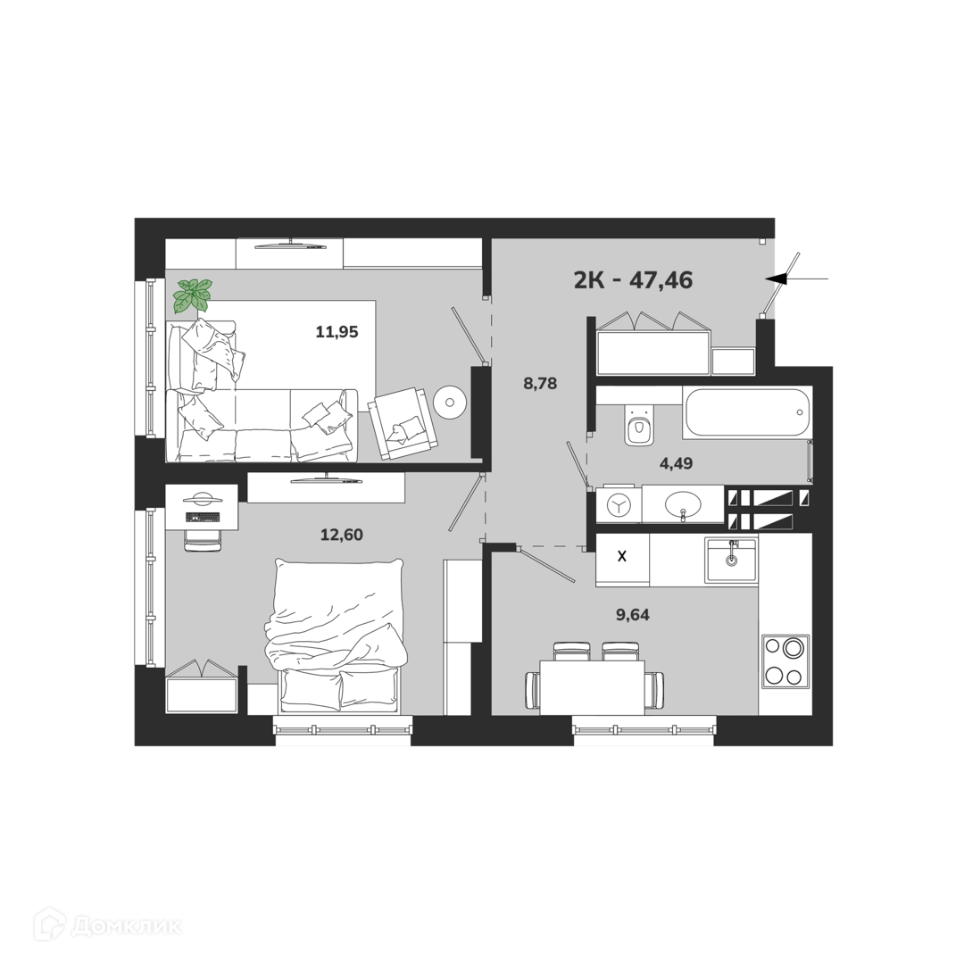 2-комн. квартира, 47.5 м²