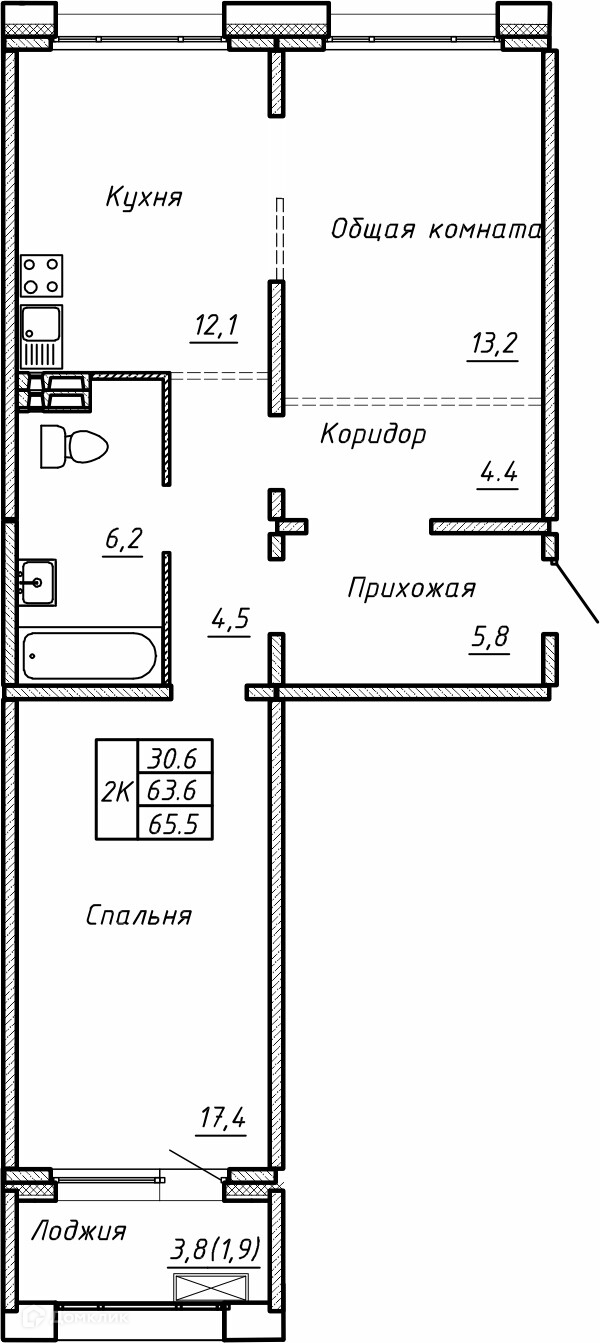2-комн. квартира, 65.5 м²