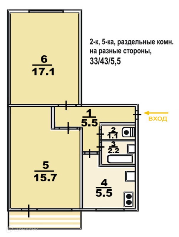 План двухкомнатной квартиры в панельном доме 5 этажей