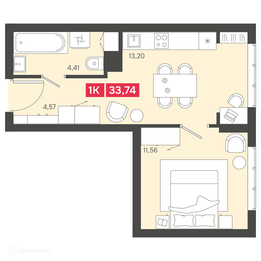 1-комн. квартира, 33.74 м²