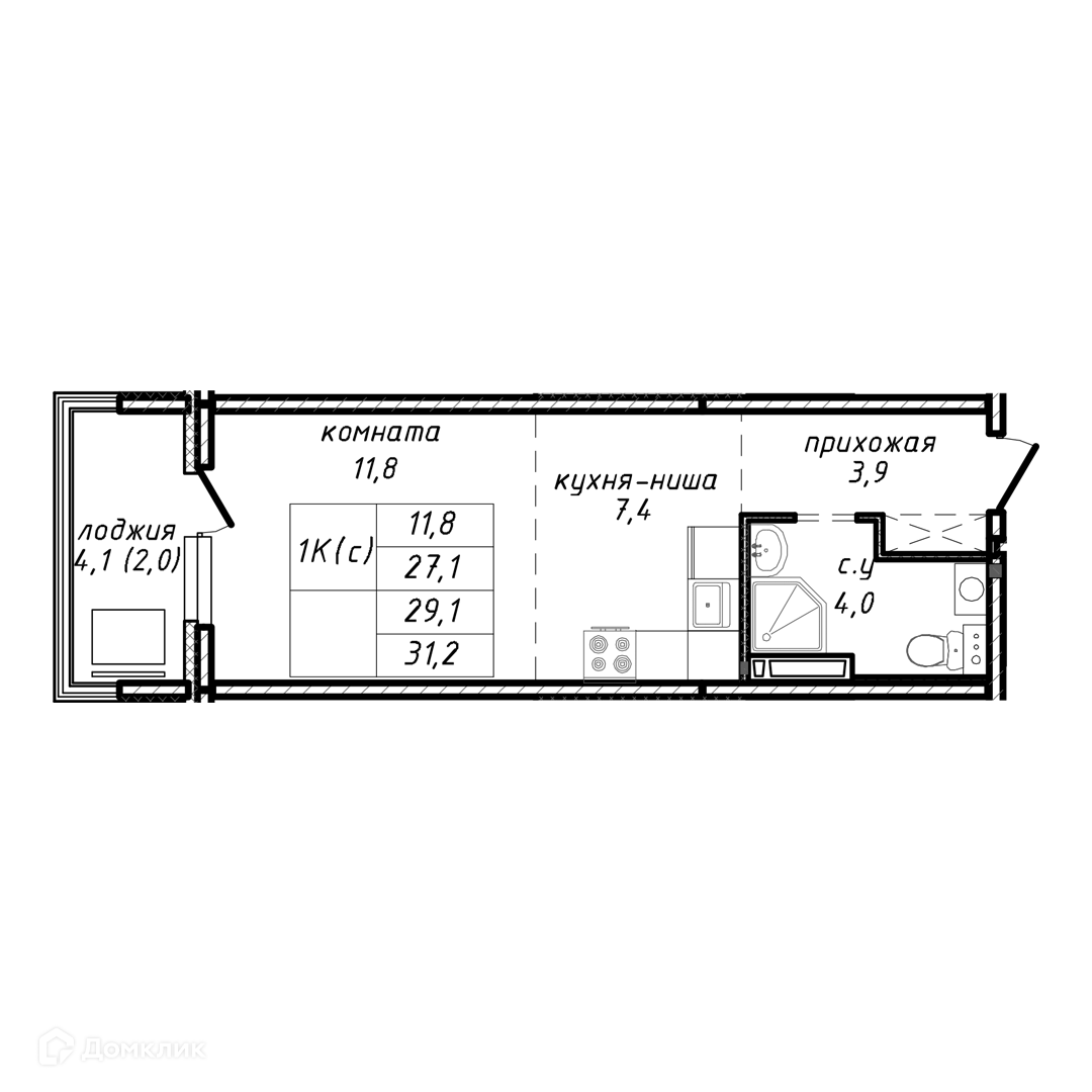 1-комн. квартира, 29.1 м²