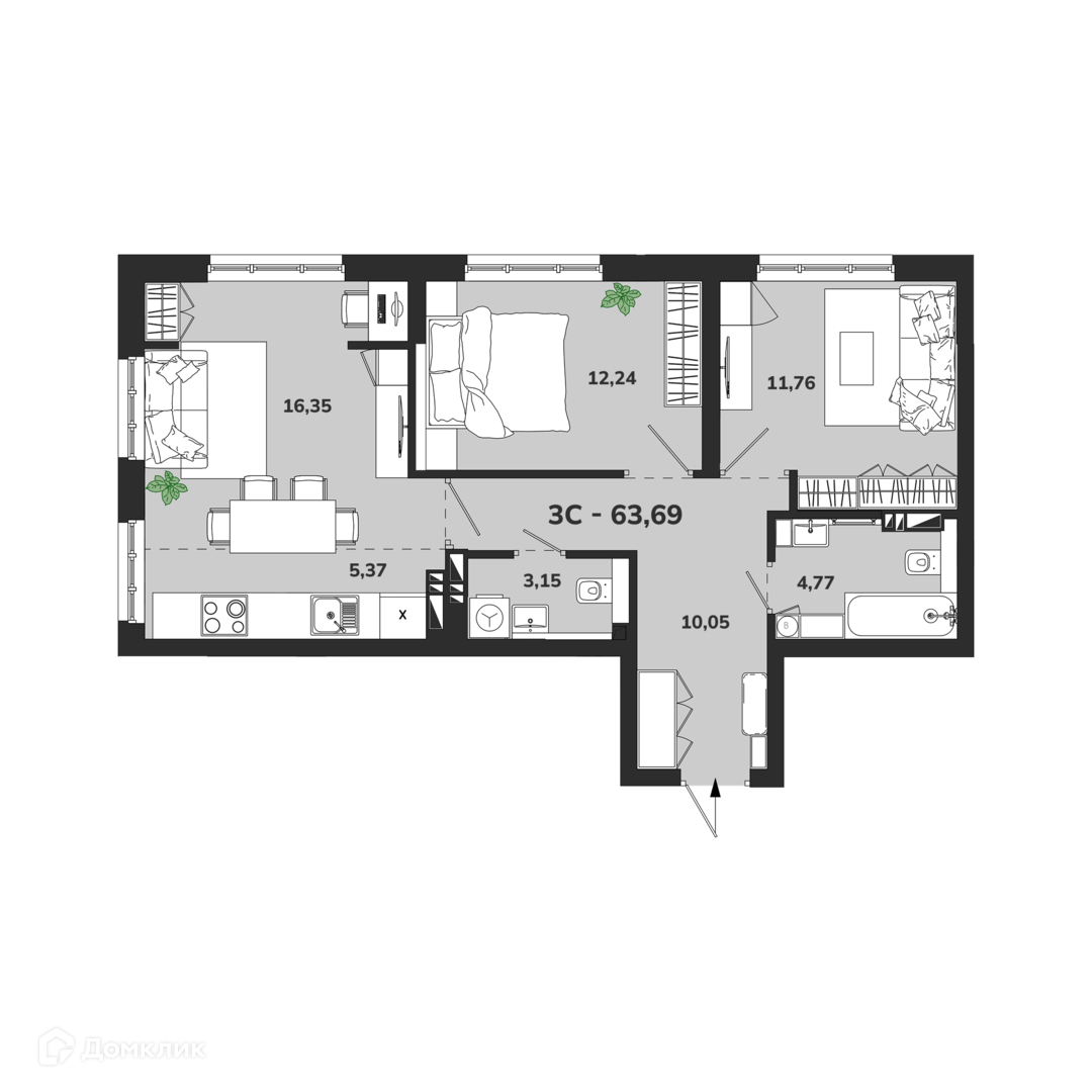 3-комн. квартира, 63.69 м²