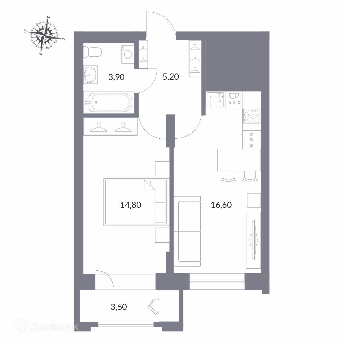 2-комн. квартира, 44 м²