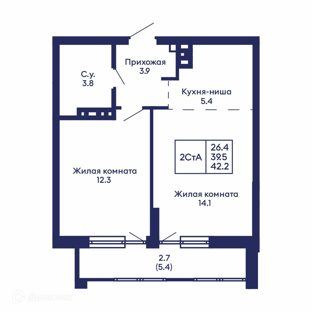 2-комн. квартира, 42.2 м²