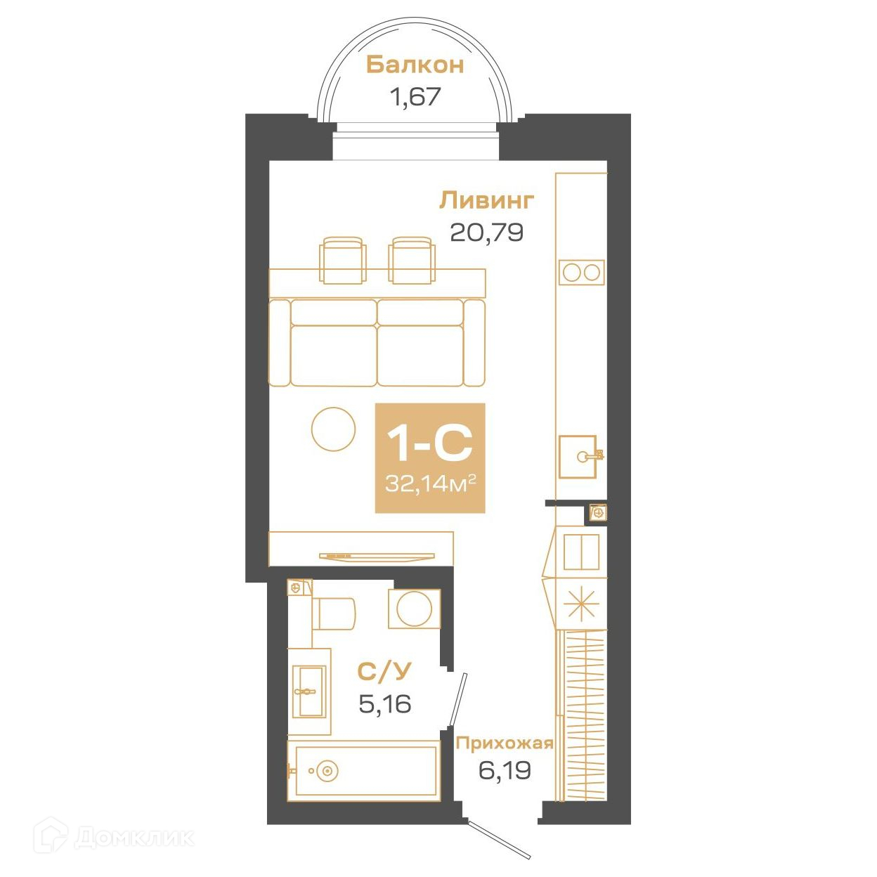 квартира, 32.14 м²