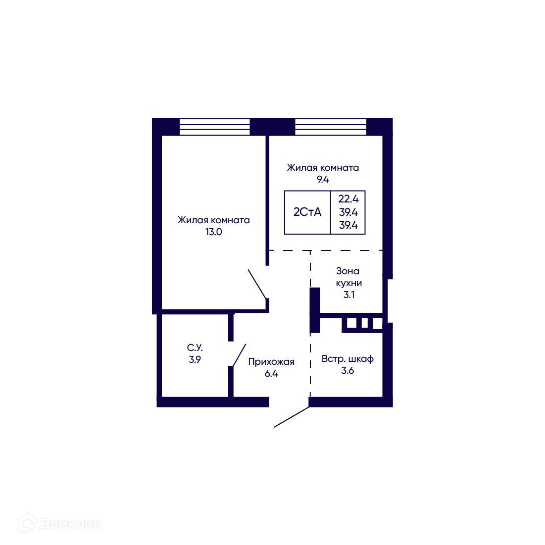 2-комн. квартира, 39.4 м²