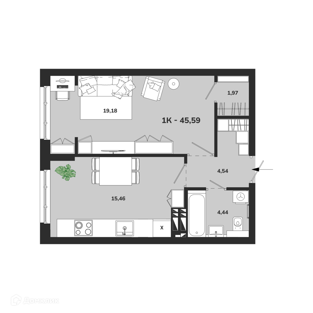 1-комн. квартира, 45.58 м²