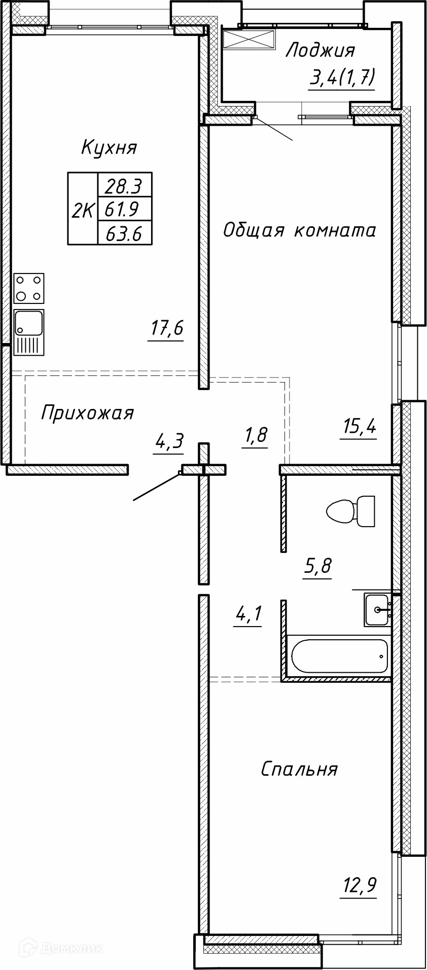 2-комн. квартира, 63.6 м²