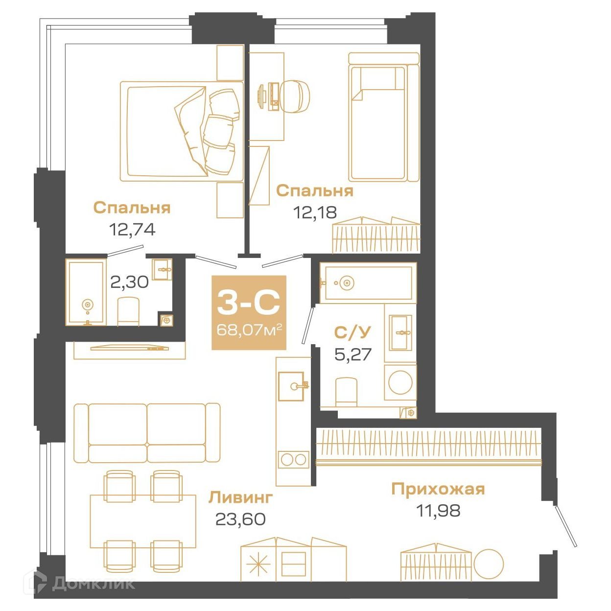 3-комн. квартира, 68.07 м²