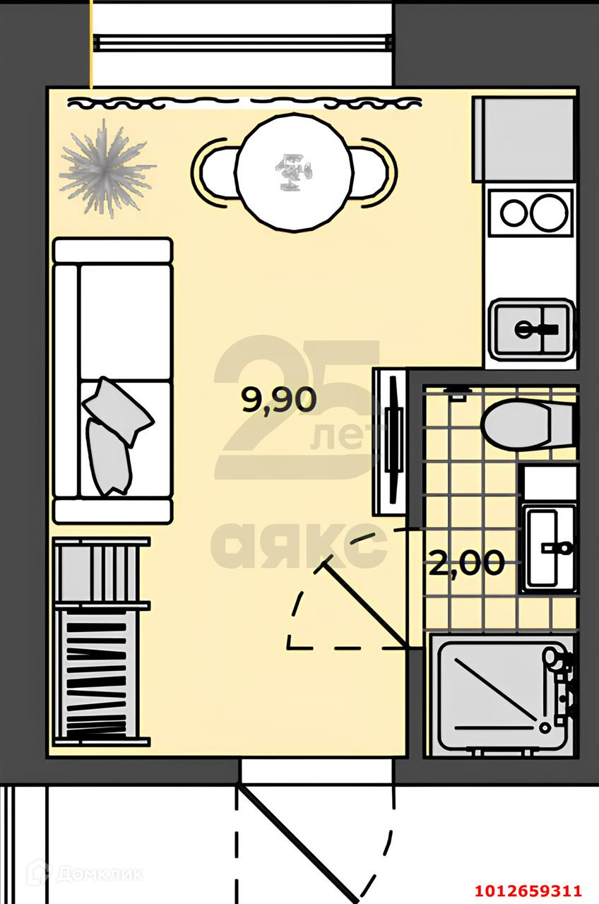 Купить студию, 11.9 м² по адресу Республика Адыгея, Тахтамукайский район,  посёлок городского типа Яблоновский, улица Связи, 9, 4 этаж за 1 300 000  руб. в Домклик — поиск, проверка, безопасная сделка с жильем в офисе  Сбербанка.