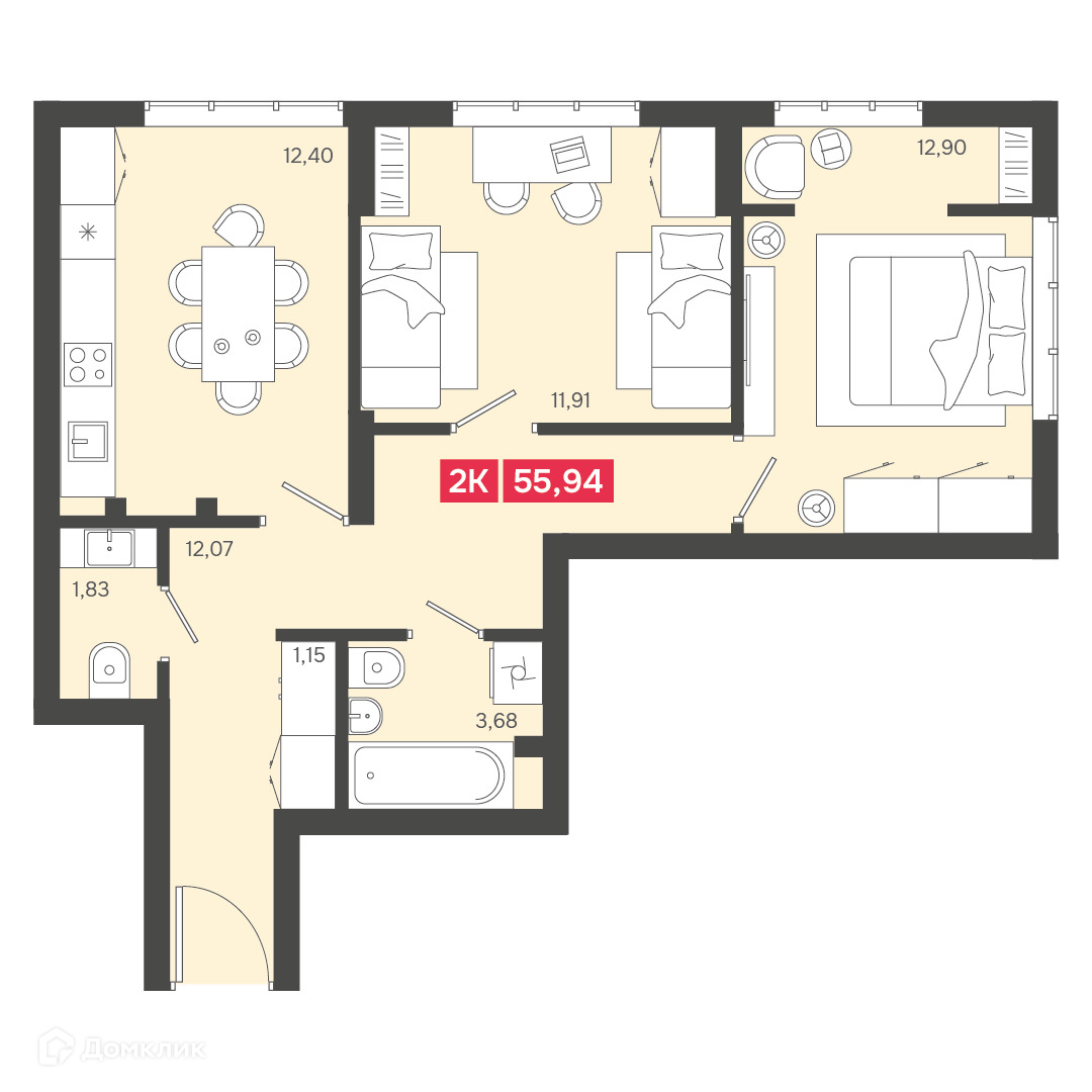 2-комн. квартира, 55.94 м²