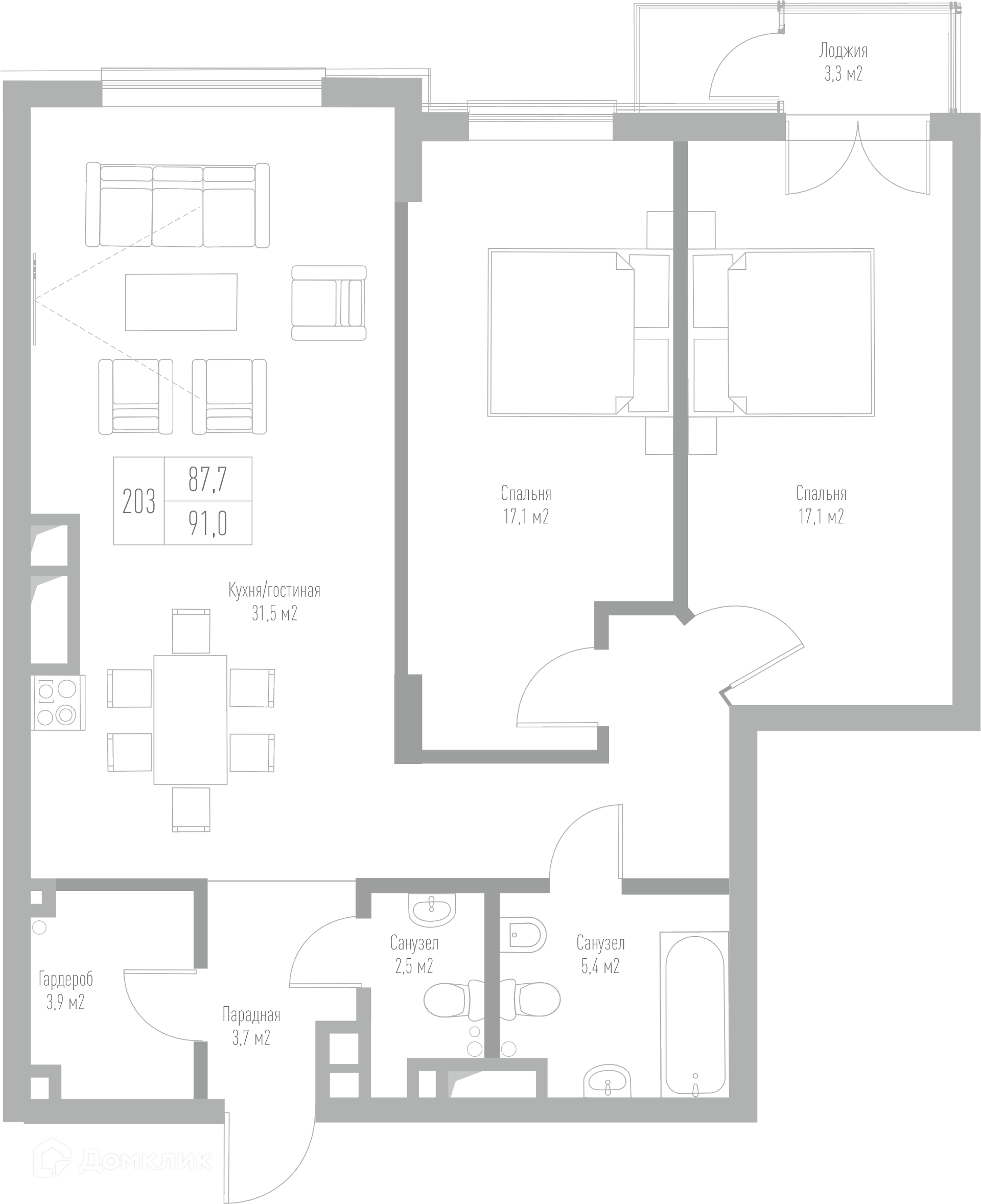 Купить 2-комнатную квартиру, 91 м² по адресу Калининград, Октябрьская  улица, 12, 5 этаж за 20 234 229 руб. в Домклик — поиск, проверка,  безопасная сделка с жильем в офисе Сбербанка.