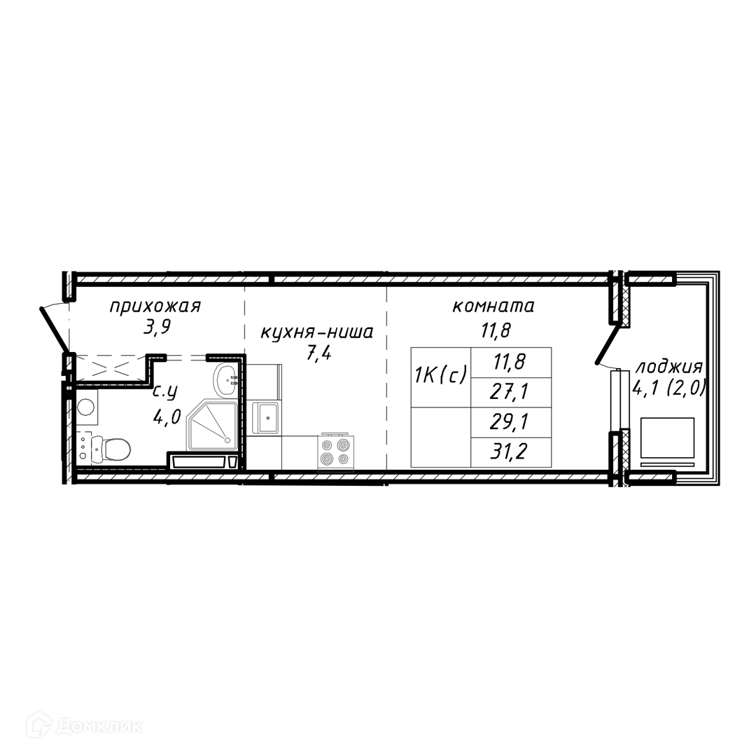 1-комн. квартира, 29.1 м²