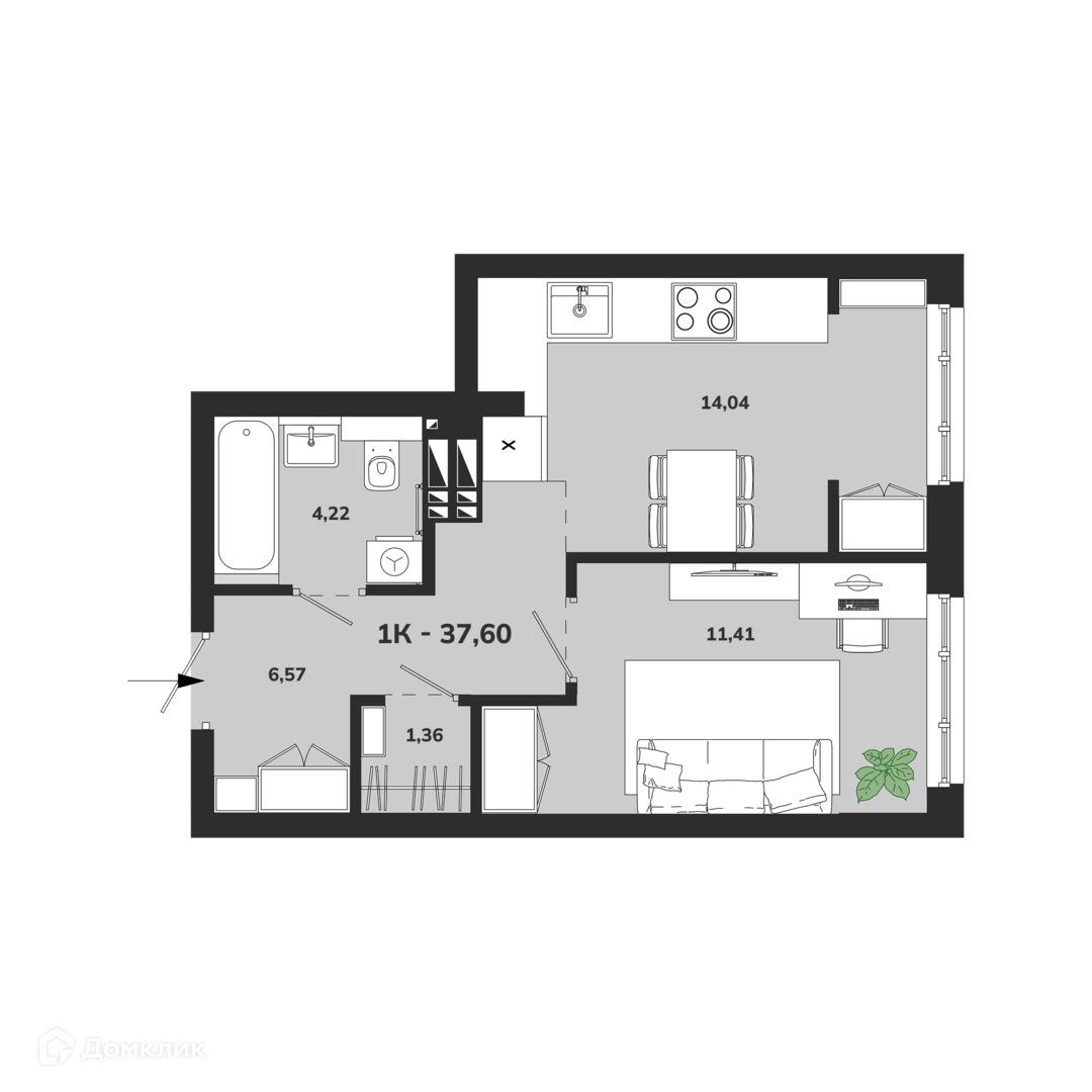 1-комн. квартира, 37.59 м²