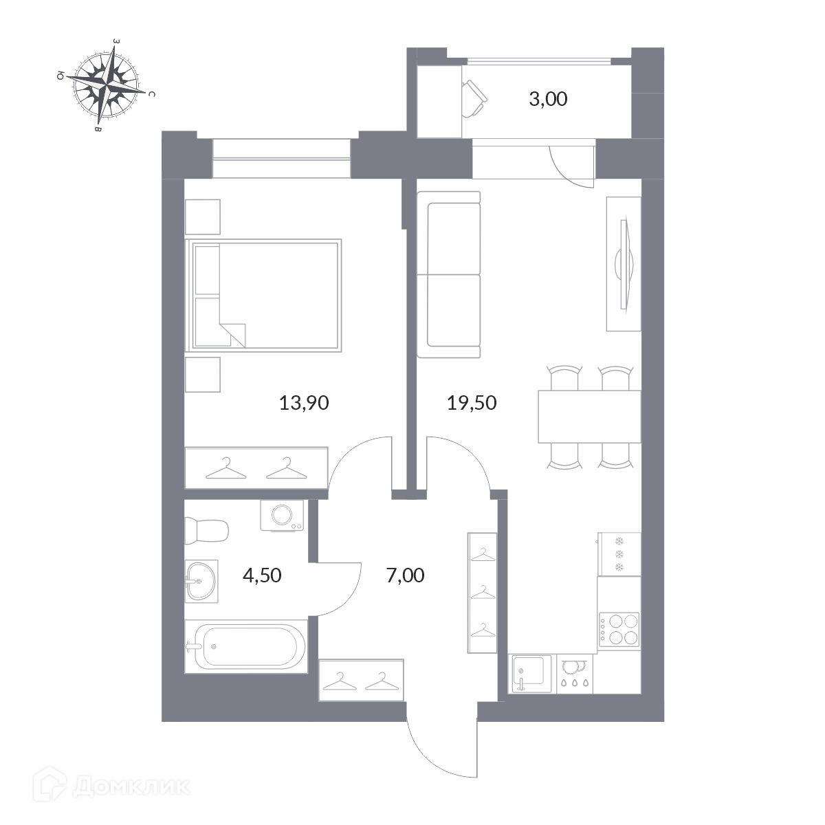 2-комн. квартира, 47.9 м²