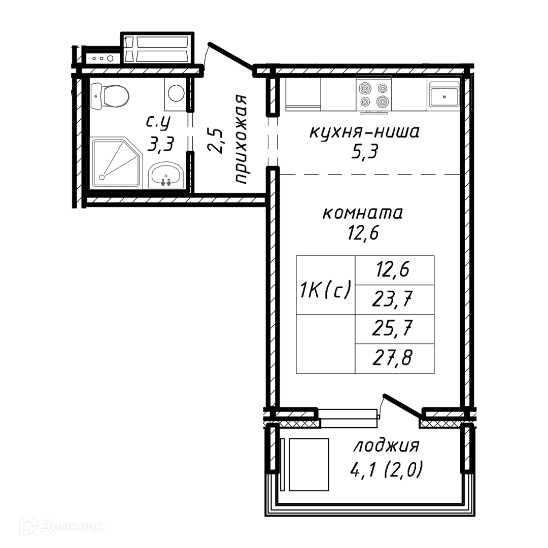 1-комн. квартира, 25.7 м²