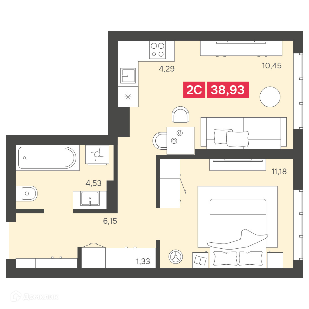 2-комн. квартира, 37.93 м²