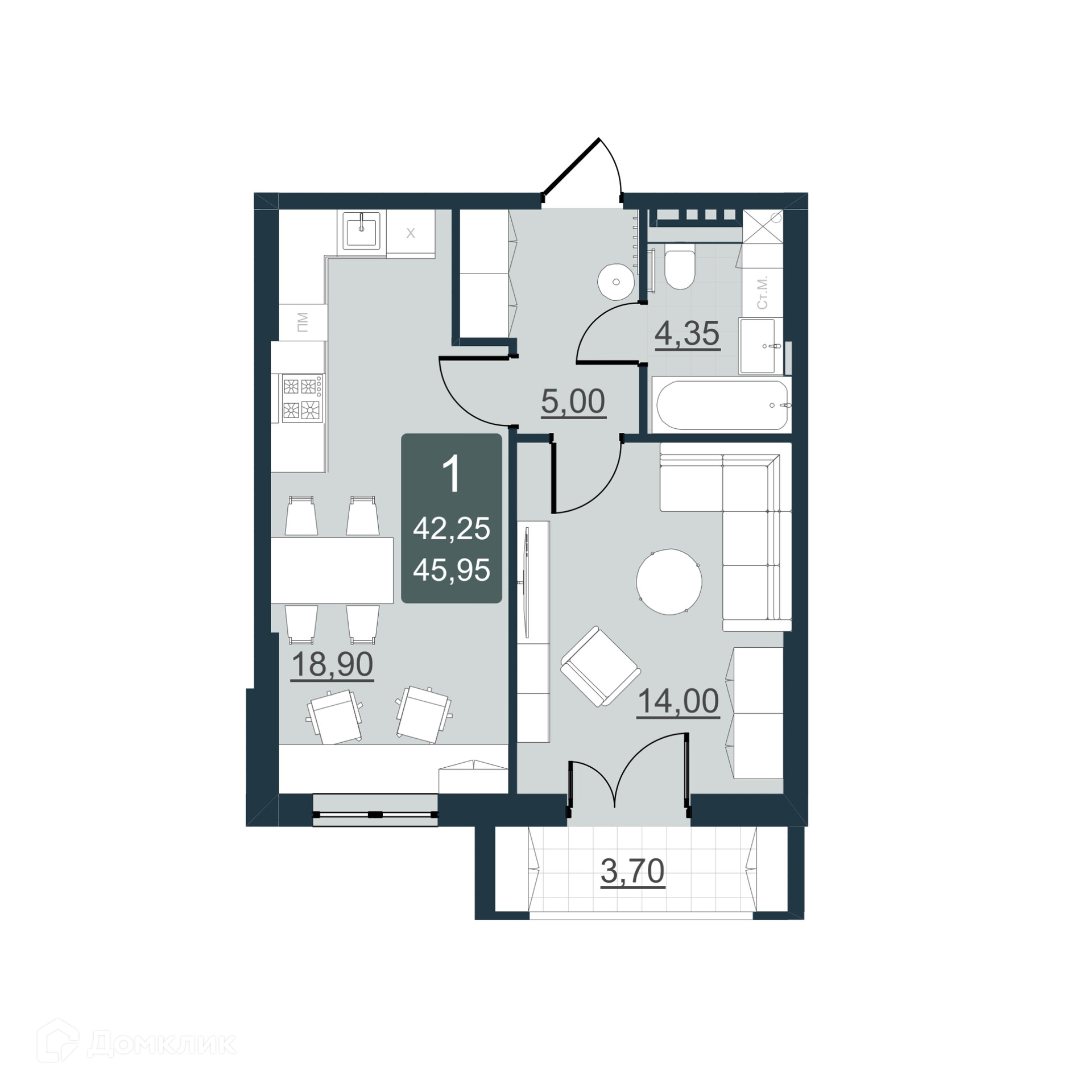 Купить 1-комнатную квартиру, 42.25 м² по адресу Саратов, улица имени  Виктора Аржаного, 5, 7 этаж за 5 170 000 руб. в Домклик — поиск, проверка,  безопасная сделка с жильем в офисе Сбербанка.