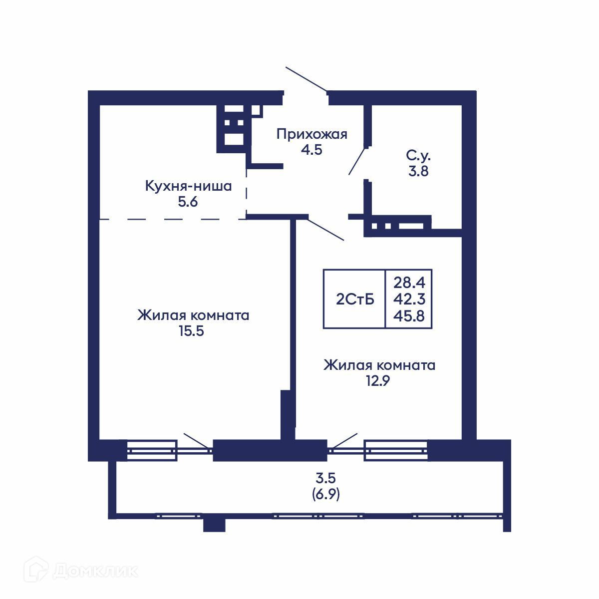 2-комн. квартира, 45.8 м²
